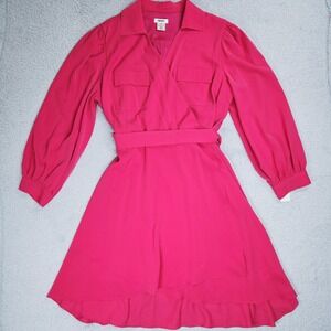 DKNY Dress Womens 22W Pink Collared Long Sleeve Belted Wrap A Line Midi NEW